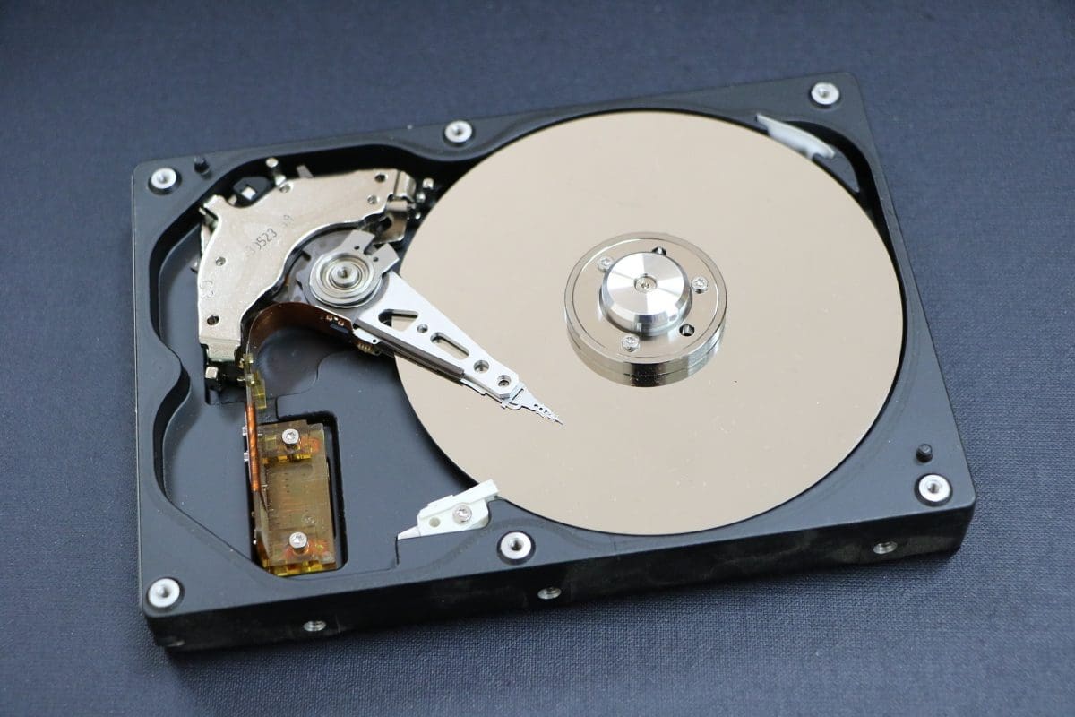 The inside of a hard disk drive or HDD