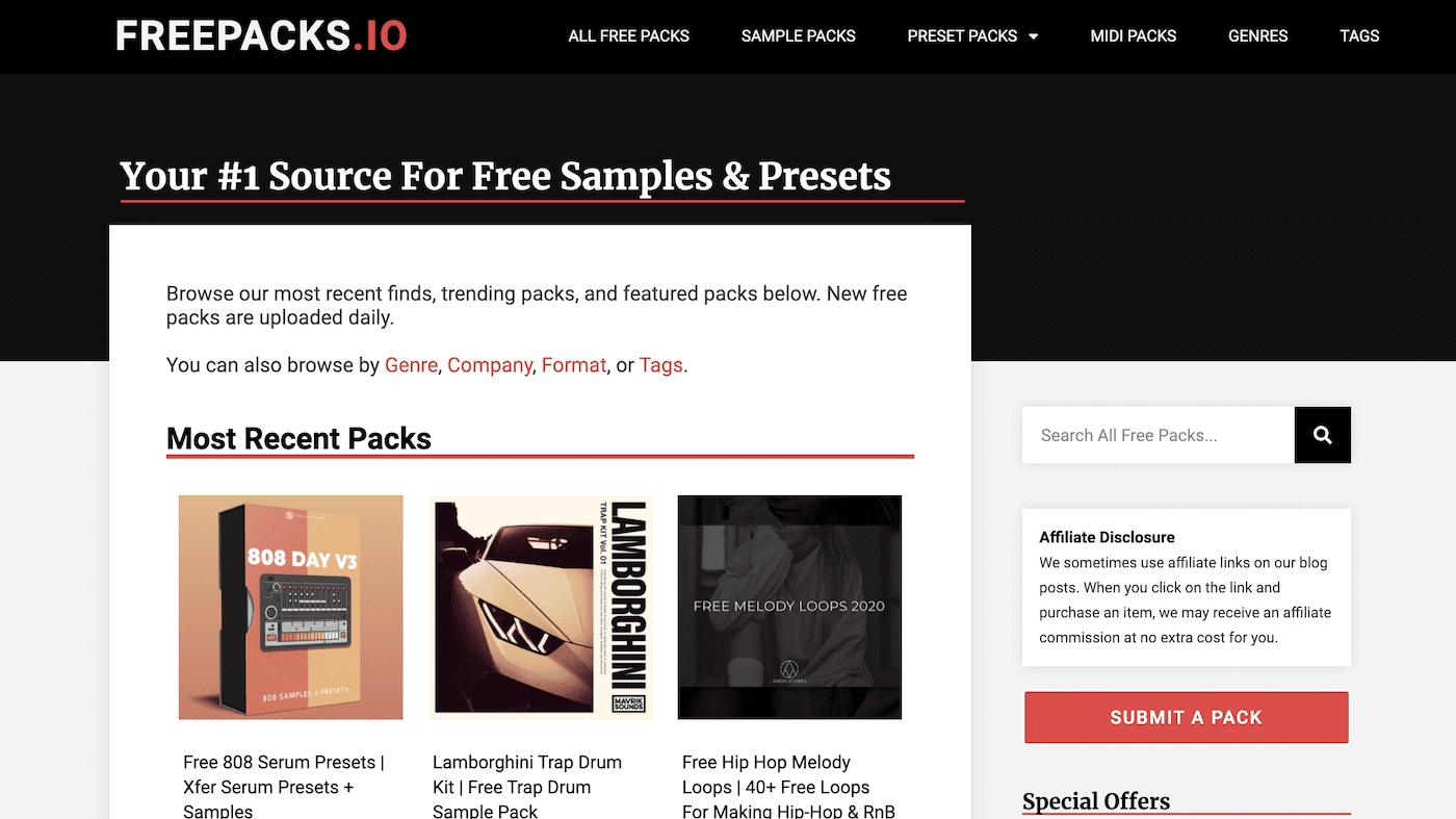 Online sample packs portal