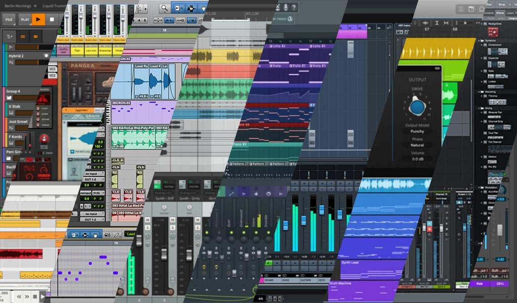 A collage of multiple daws including ableton, pro tools, fl studio, logic and more